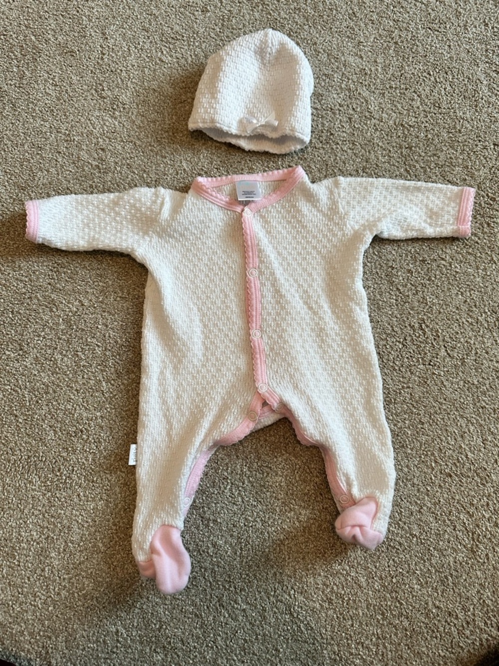 Part - White and Pink Newborn Baby Girl One-Piece Footed Romper with Hat